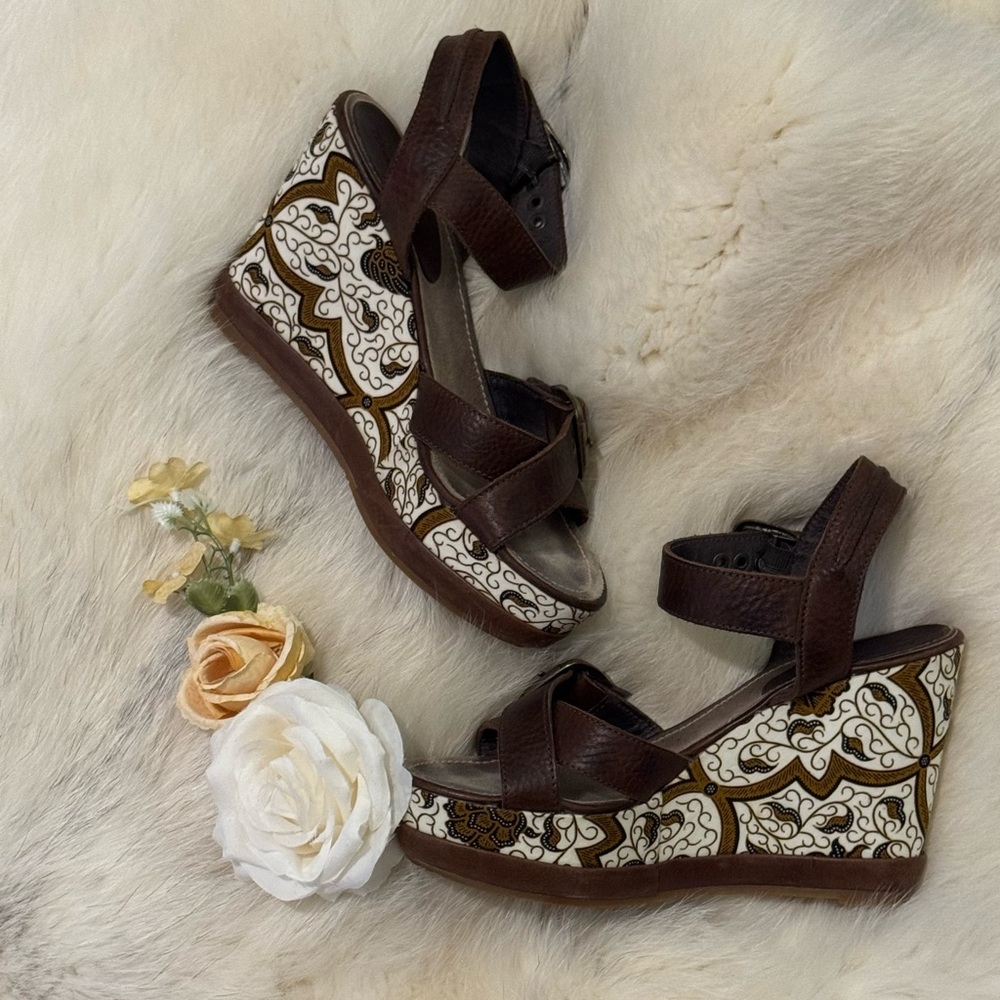 BLACKSTONE Brown Leather Wedge Heel Open Toe Sandals Size 39 /US 8 EUC WORN ONCE